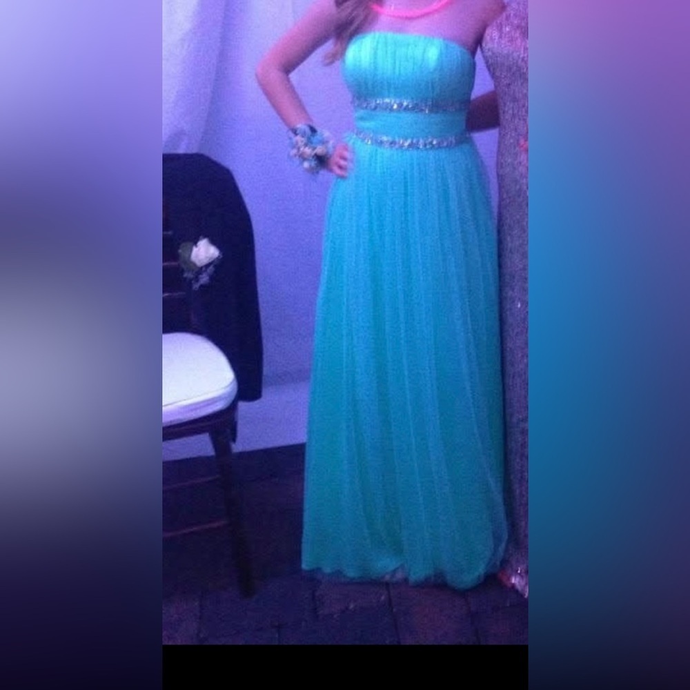 Morgan & Co Turquoise Green Strapless Formal Prom Dress Juniors Sz 1/2 Sequin - Picture 5 of 9